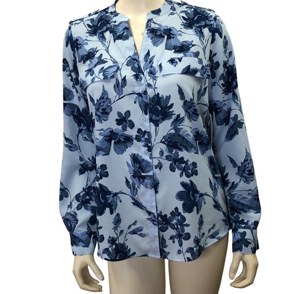 Calvin Klein Womens Blue Floral Button-Down Blouse W Roll-Tab Sleeves Size S NWT - Picture 8 of 8